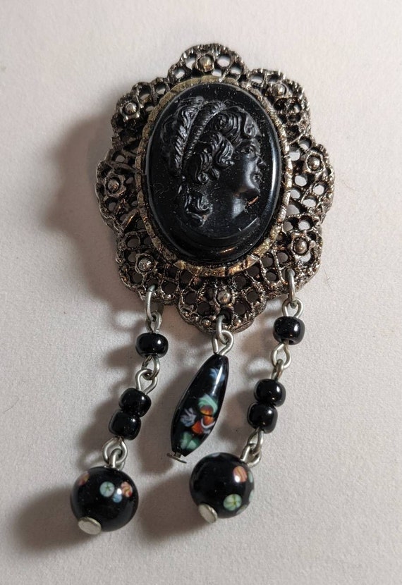 Vintage Black Cameo Brooch  Dangling Glass Floral… - image 1