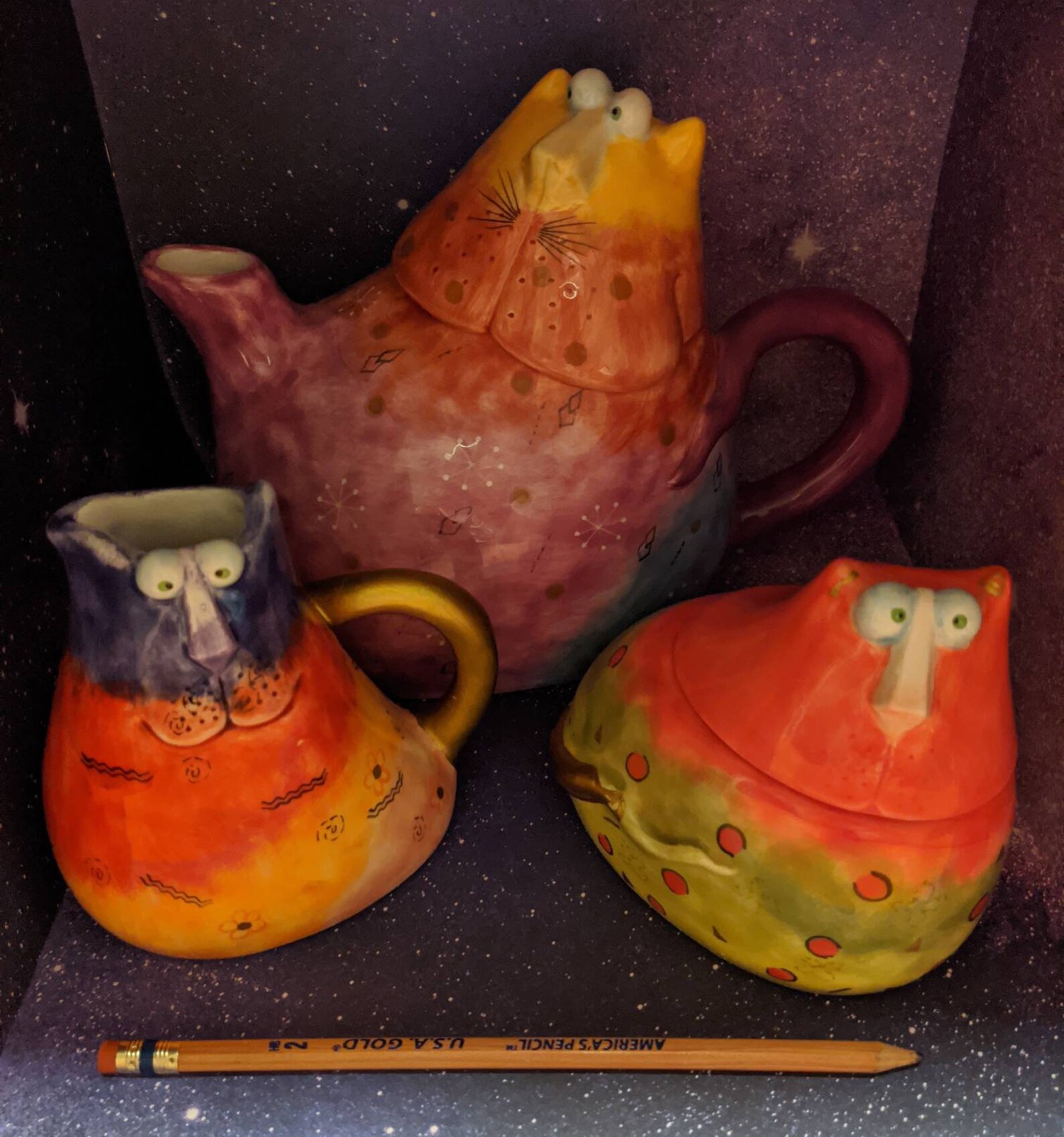 Studio Designworks Pottery Joy  Cats  Teapot Creamer Sugar 