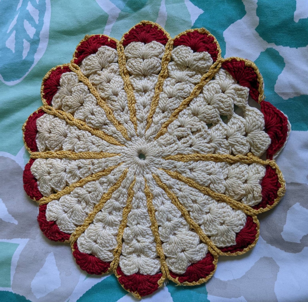 Vintage Crocheted Trivet Cream Red Yellow Etsy