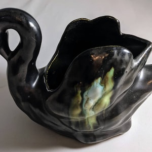Vintage Belgian Faiencerie de Thulin Art Deco Blue/Green Drip Glaze Swan Vase/Planter