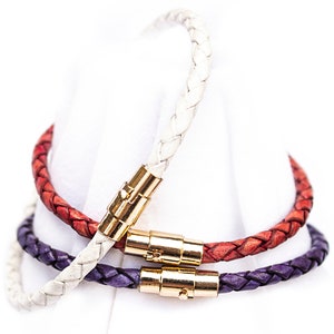 FUN WITH FLAIR Leather Bracelet 5 mm Round Bolo Braided with Magnetic Lock In Clasp in Antique Bronze; Gold; or Silver.