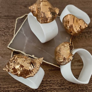 Set of 4 Vintage Bone China Seashell Napkin Rings | White and Gold Porcelain | Beach Decor | Summer Decor | Tablescape