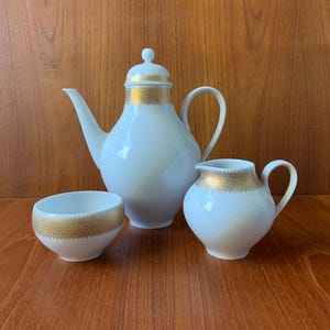 Hutschenreuther Selb Charmant Porcelain Coffee/Tea Pot/Gold Lace Trim/Cream and Sugar/ Four Piece Set/Bavaria, Germany