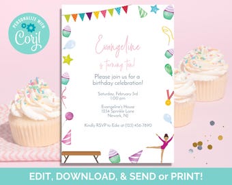 Op de afbeelding: Een verjaardagsuitnodiging met de tekst "Evangeline wordt tien!" in een scriptlettertype. De uitnodiging bevat aquarel illustraties van cupcakes, ballonnen en een turnster. De achtergrond is lichtroze.