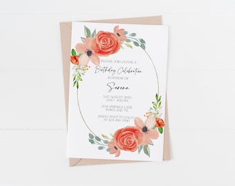 May include: A floral birthday invitation with a peach and coral floral wreath around a gold oval frame. The text reads "Please join us for a Birthday Celebration in honor of Serena. Sat. August 28th 12:00 - 4:00 PM 1234 Sprinkle Lane Portland, TX Kindly RSVP to Sally at 123 456-7800"