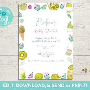 Matcha Birthday Invitation Template, Editable Matcha Birthday Party Invite, Instant Download