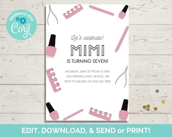 Mani Pedi Birthday Invitation Template, Editable Manicure Pedicure Nail Birthday Party Invite, Instant Download