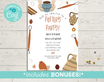 Plantilla de invitación de cumpleaños de cerámica, invitación para hacer arcilla (descarga digital)