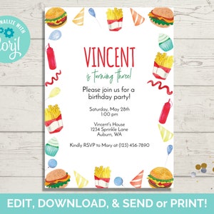 Plantilla de invitación de cumpleaños con hamburguesa con queso y papas fritas, invitación editable para fiesta de cumpleaños con hamburguesa, descarga instantánea