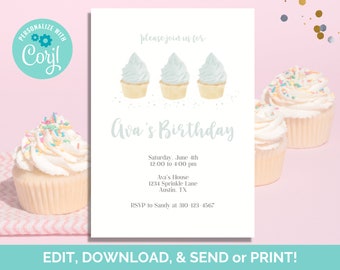 Cupcake Birthday Invitation, Birthday Invite, Editable Invitation, Cupcake Invite, Instant Download, Template, Printable, Paperless POST