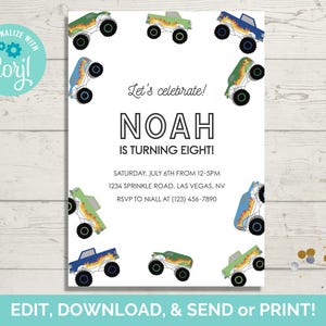 Monster Truck Birthday Invitation Template, Editable Monster Truck Birthday Party Invite, Instant Download