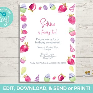 Strawberry Birthday Invitation Template, Strawberry Birthday Invite, Strawberry Invite, Instant Download