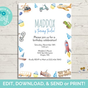 Transportation Birthday Invitation Template, Transportation Party Invite, Editable Invitation Template, Instant Download