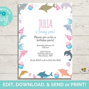 Dolphin Birthday Invitation Template, Editable Dolphin Birthday Party Invite, Instant Download