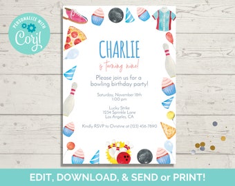 Bowling Birthday Invitation Template, Bowling Birthday Invite, Bowling Invite, Instant Download, Paperless POST