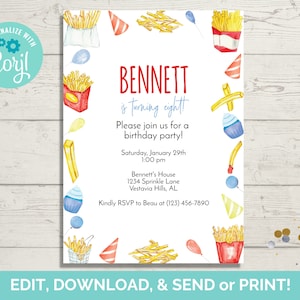 French Fries Birthday Invitation Template, Editable Birthday Invite, Instant Download