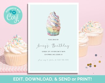Cupcake Birthday Invitation Template, Printable Party Invite (Digital Download)