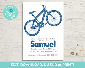 Bicycle Birthday Invitation Template, Editable Bike Birthday Party Invite, Instant Download