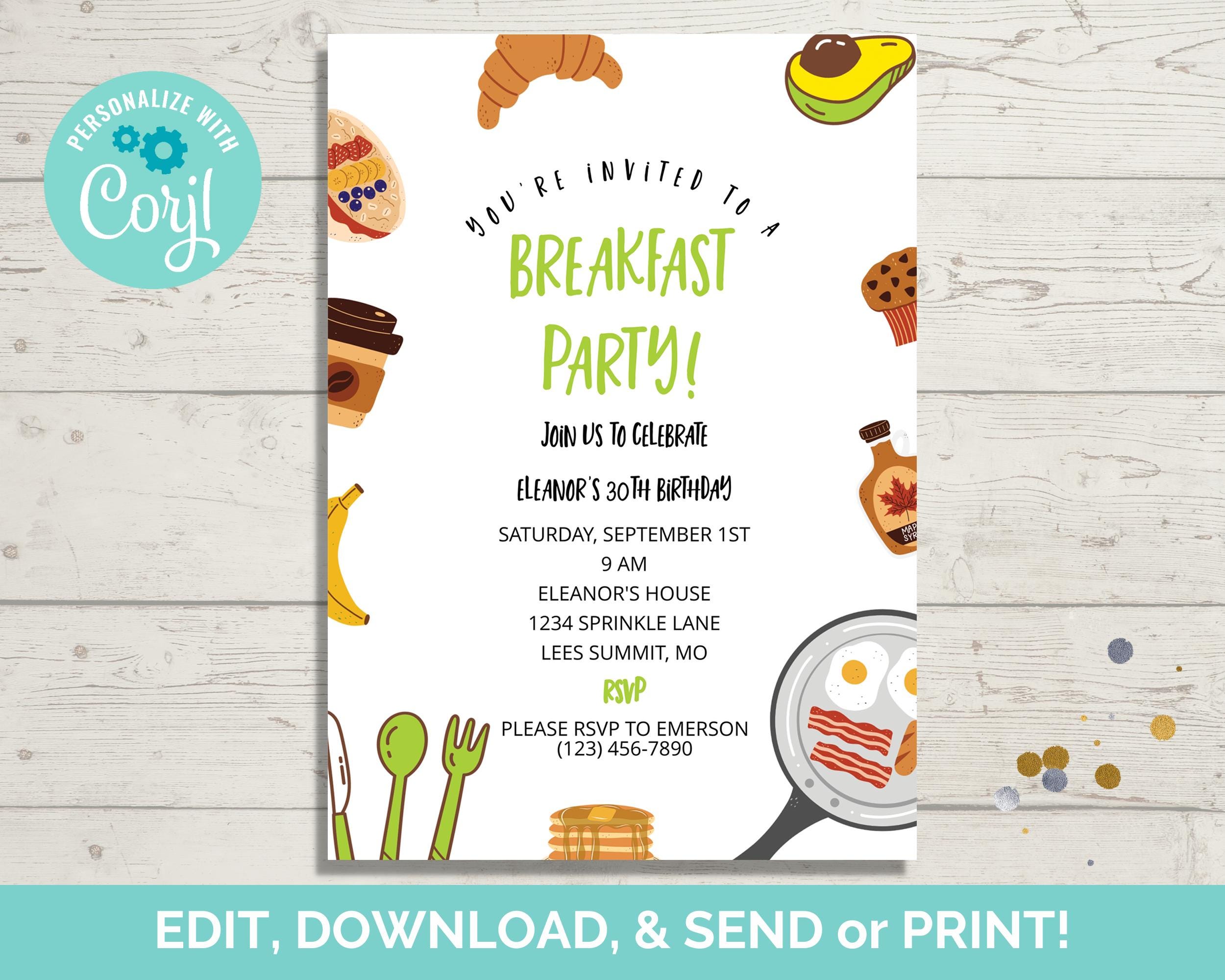 Breakfast Birthday Party Invitation Template, Editable Invite (digital ...