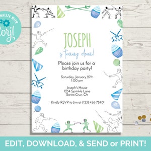 May include: A blue and green birthday party invitation for Joseph's 11th birthday. The invitation features a fencing theme with illustrations of fencers and cupcakes. The text reads "Joseph is turning eleven! Please join us for a birthday party! Saturday, January 27th 1:00 pm Joseph's House 1234 Sprinkle Lane Santa Cruz, CA Kindly RSVP to Jim at (123) 456-7890"