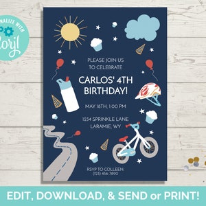 Bicycle Birthday Invitation Template, Editable Bike Birthday Party Invite, Instant Download