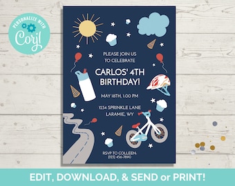 Bicycle Birthday Invitation Template, Editable Bike Birthday Party Invite, Instant Download