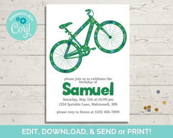 Bicycle Birthday Invitation Template, Editable Bike Birthday Party Invite, Instant Download