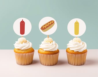 Hot Dog Cupcake Topper Template, Hot Dog Cupcake Toppers, Birthday Party, Editable Toppers, Instant Download