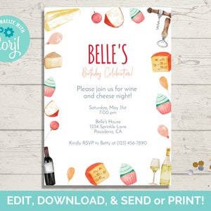 Wine and Cheese Night Birthday Invitation Template, Editable Wine and Cheese Birthday Party Invite, Instant Download