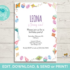Plantilla de invitación de cumpleaños de cometa, invitación editable (descarga instantánea)