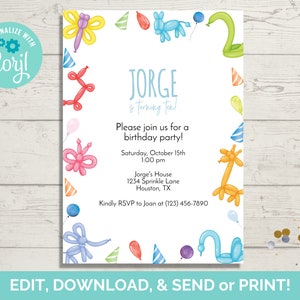 Plantilla de invitación de cumpleaños con globos de animales, invitación editable para fiesta de cumpleaños con globos de animales, descarga instantánea