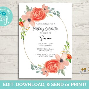 Blumen-Geburtstags-Party einladen, Blumen-Geburtstags-Party einladen, Blumen-Geburtstags-Party einladen, sofortiger Download Blumen-Geburtstags-Party Einladung