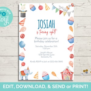 Circus Birthday Invitation Template, Circus Birthday Invite, Circus Party Invite, Instant Download