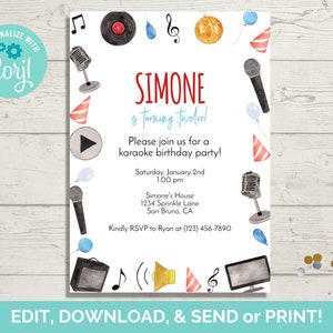 Karaoke Birthday Invitation Template, Editable Karaoke Birthday Party Invite, Instant Download