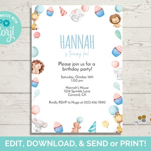 Plantilla de invitación de cumpleaños con temática de globos, invitación de cumpleaños editable, descarga instantánea