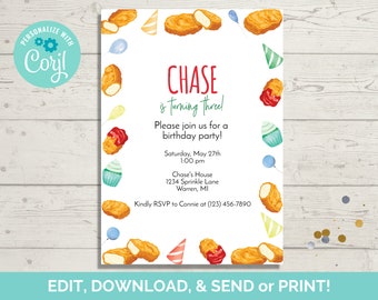 Chicken Fingers Birthday Invitation Template, Editable Chicken Fingers Birthday Party Invite, Instant Download, Paperless POST