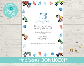 Plantilla de invitación de cumpleaños con temática de monster truck (descarga digital)