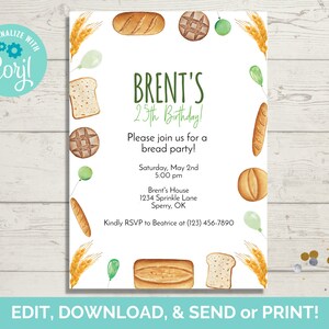Può includere: Un invito bianco con un design ad acquerello verde e marrone con pane e grano. Il testo recita "Brent's 25th Birthday! Please join us for a bread party! Saturday, May 2nd 5:00 pm Brent's House 1234 Sprinkle Lane Sperry, OK Kindly RSVP to Beatrice at (123) 456-7890"