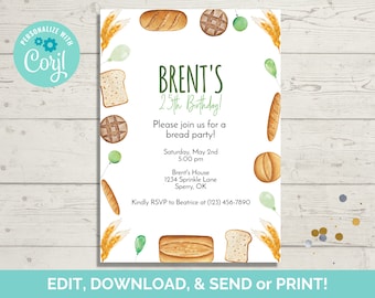 Bread Birthday Invitation Template, Editable Bread Party Invite, Instant Download