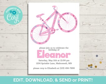 Bicycle Birthday Invitation Template, Editable Bike Birthday Party Invite, Instant Download