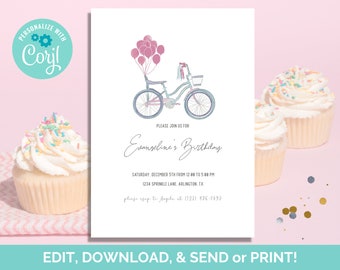 May include: A printable birthday party invitation featuring a pastel blue bicycle with pink balloons and the text "Evangeline's Birthday". The invitation includes the date, time, and location of the party.