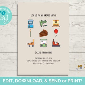 May include: An invitation for an arcade party with colorful illustrations of arcade games, a slice of cake, and a red balloon. The text reads "Join us for an arcade party!" and "Zack is turning nine!"