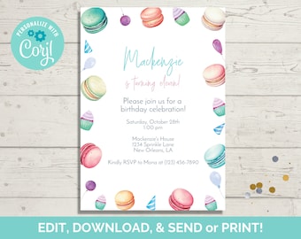 Macaron Birthday Invitation Template, Party Invite (Instant Download)