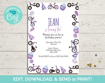 Bicycle Birthday Invitation Template, Editable Bike Birthday Party Invite, Instant Download