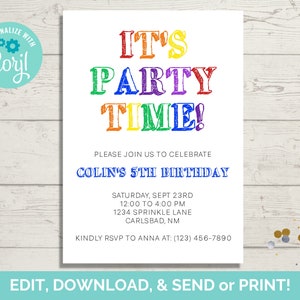 It&#39;s Party Time Invitation Template, Rainbow Birthday Invite, Editable Invitation Template, Instant Download