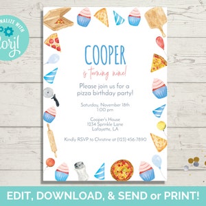 Pizza Geburtstags-Party Einladung Vorlage, Pizza Geburtstag einladen, Pizza Party einladen, Sofort Download
