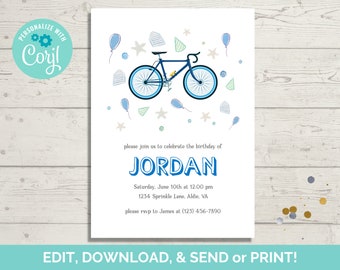 Plantilla de invitación de cumpleaños de bicicleta, invitación editable a fiesta de cumpleaños de bicicleta, descarga instantánea, publicación sin papel