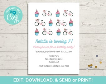 Bicycle Birthday Invitation Template, Editable Bike Birthday Party Invite, Instant Download