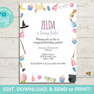 Modèle d&#39;invitation de sorcières et de sorciers, invitation de fête d&#39;anniversaire de sorcières et de sorciers, téléchargement immédiat