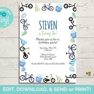 Bicycle Invitation Template, Bicycle Birthday Invite, Bicycle Bike Invite, Editable Invitation Template, Instant Download